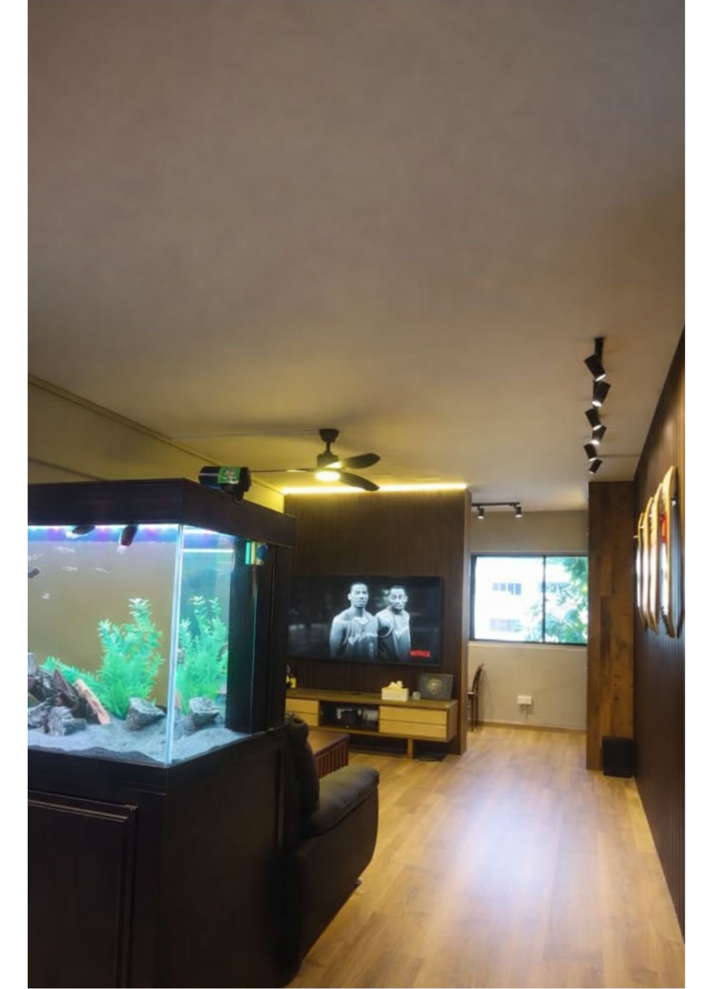 Living room overview with fish tank, dark leather sofa, TV feature wall and track lighting