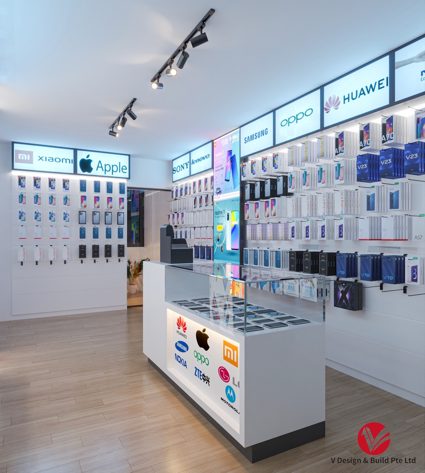 Interior — LED-Lit Wall Shelving with Phone & Accessory Rows